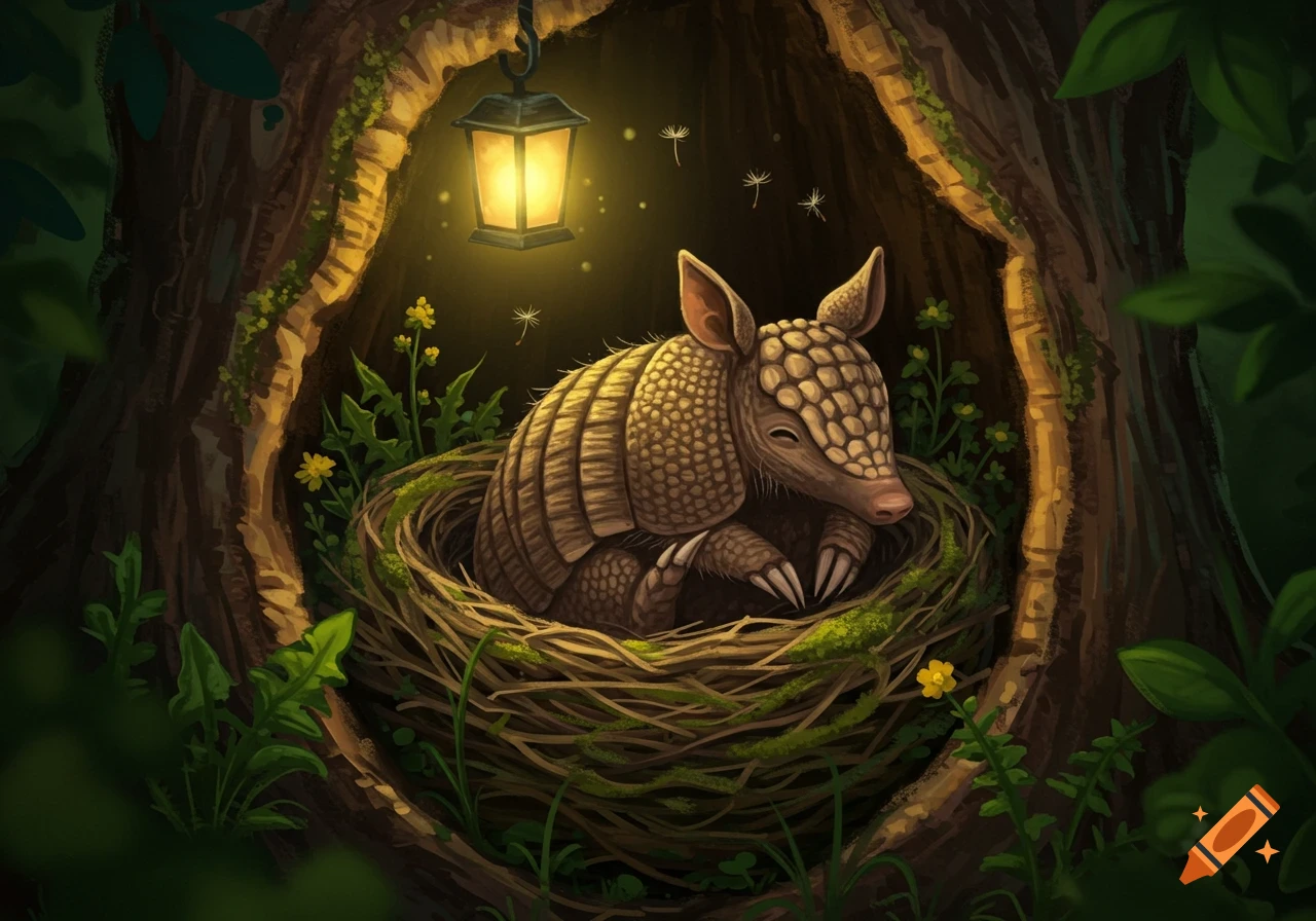 A cute, sleeping armadillo curled in a nest inside a hollow tree, lit by a hanging lantern, in a charming illustrative style.