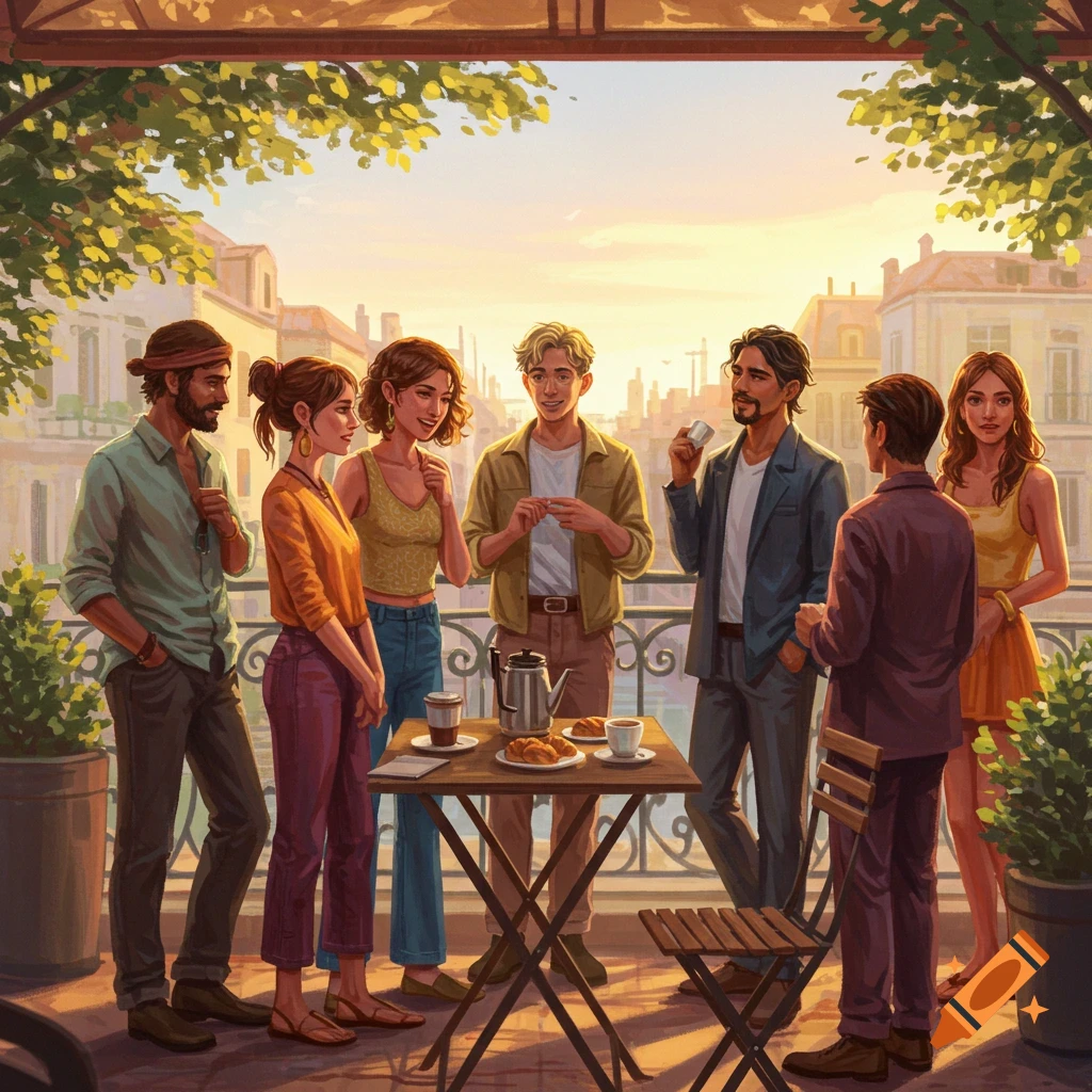 Six friends chat on a sunlit balcony overlooking a European city, with coffee and pastries on a table.