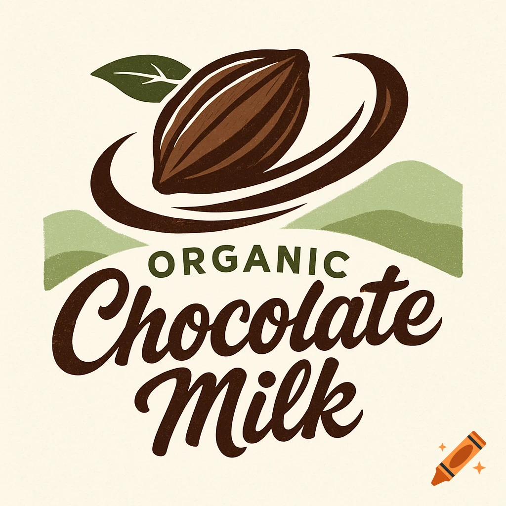 Logo for organic chocolate milk featuring a cocoa bean, a green leaf, and abstract green hills, in a stylized, textured design.