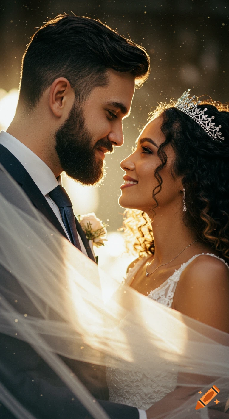 Romantic wedding portrait of a bride and groom gazing at each other through a luminous veil with glowing backlighting.