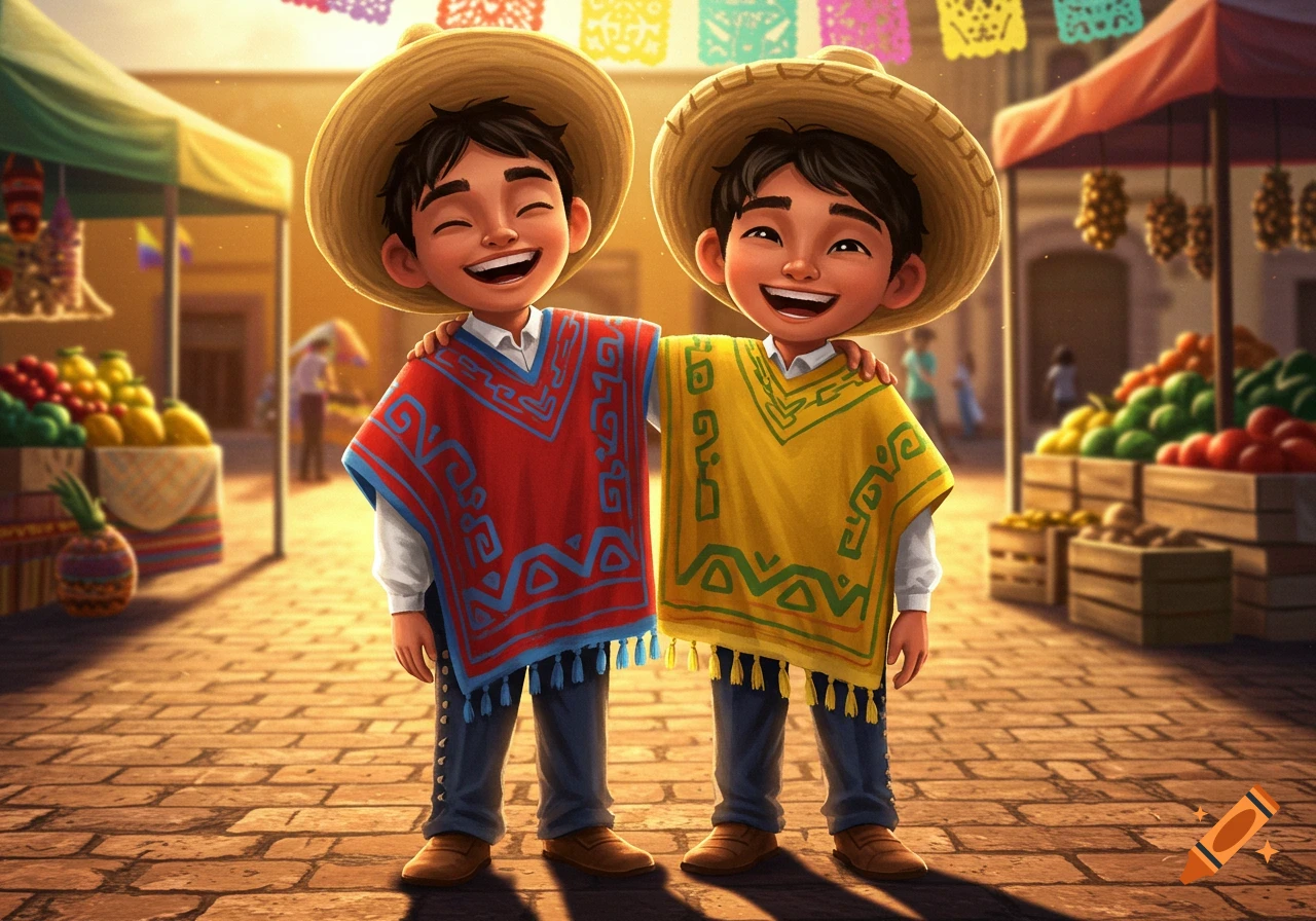 Two smiling boys in sombreros and colorful ponchos stand arm-in-arm at a vibrant Mexican market, illustrated style.