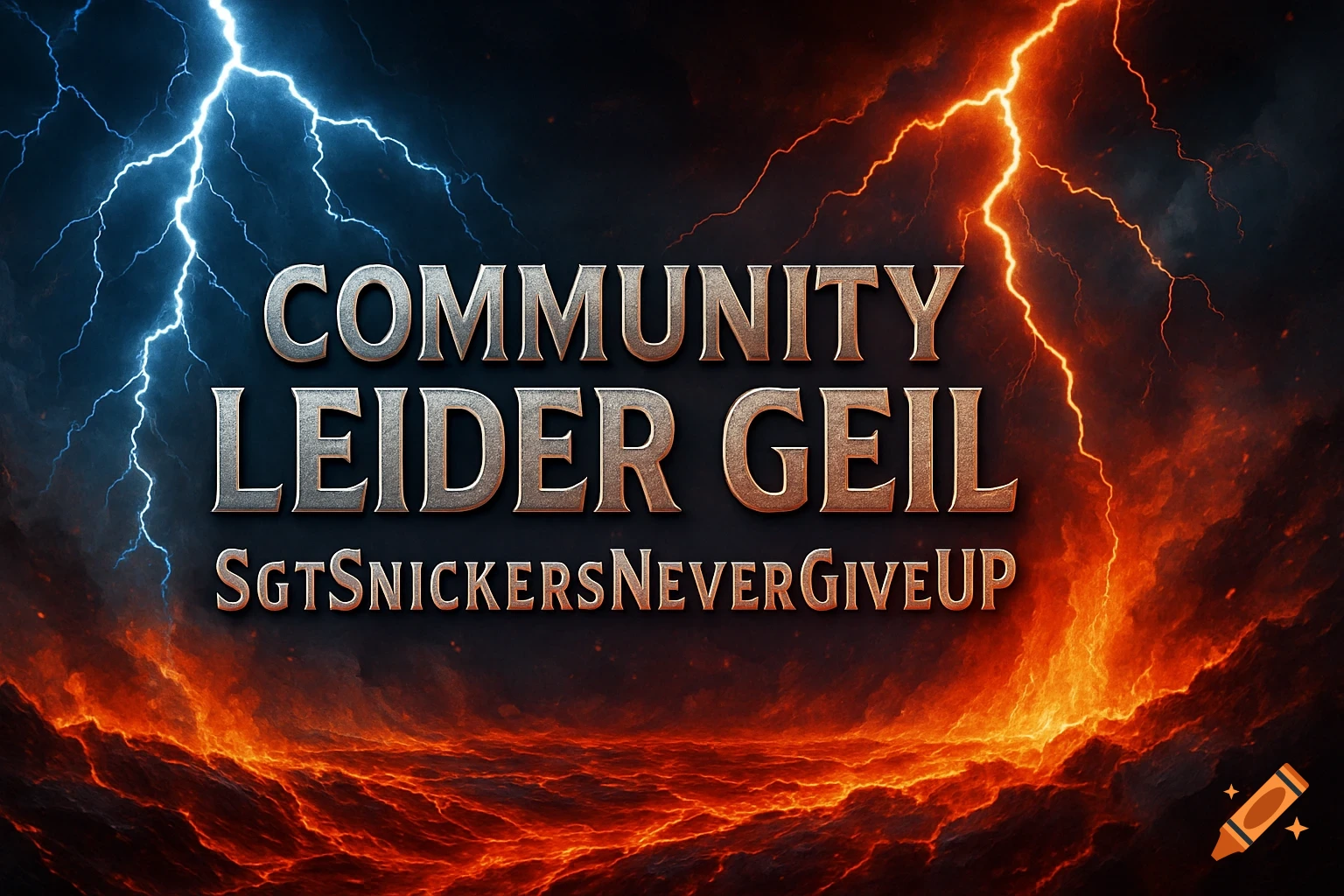 A stream banner with metallic text 'Community Leider Geil - SgtSnickersNeverGiveUp' against a dark background with blue lightning and orange lava.
