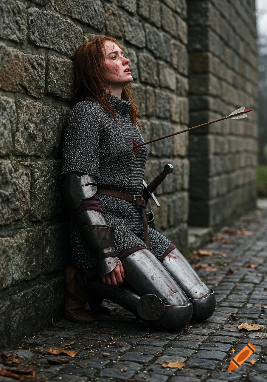 A red-haired female knight in chainmail and steel armor kneels against a stone wall with an arrow in her chest, looking pained and scared in a photorealistic style.