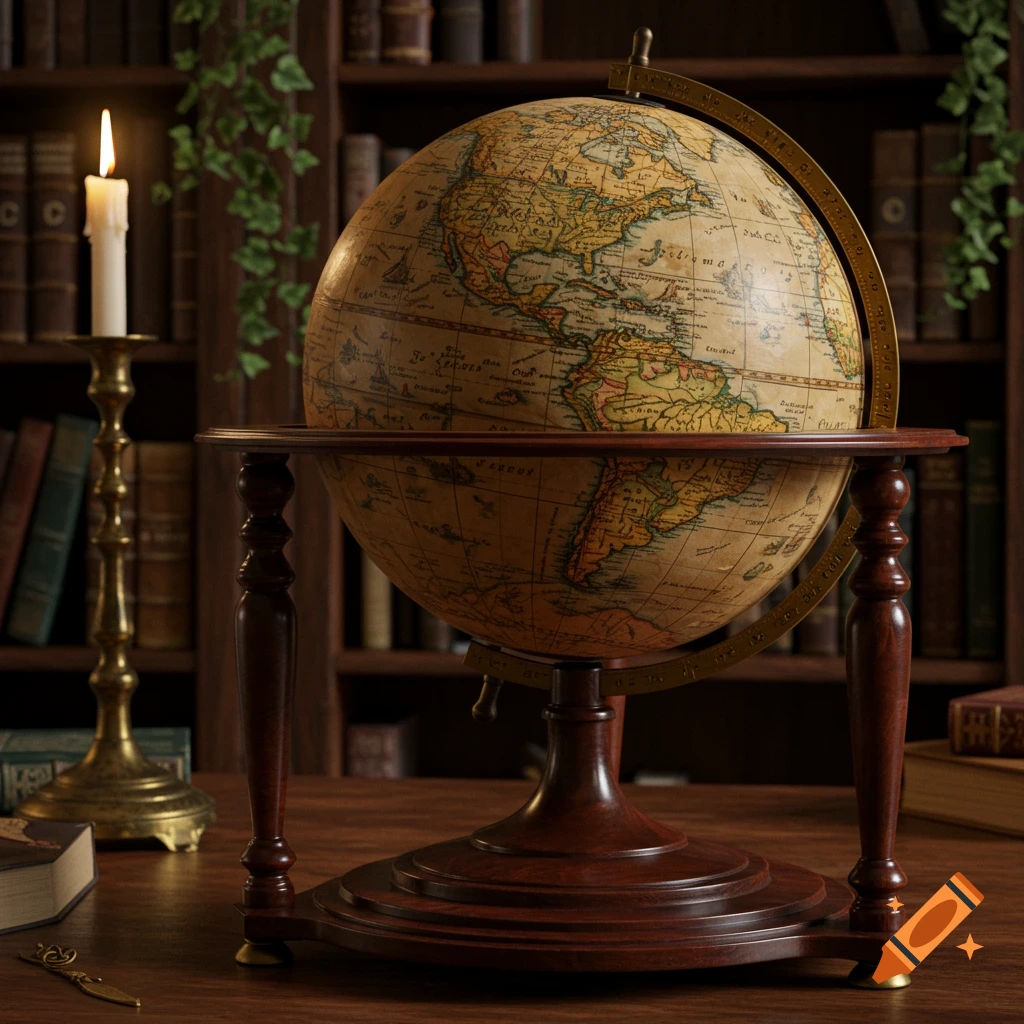 An antique world globe on a wooden stand sits on a desk in a dimly lit study, with a lit candle and bookshelves in the background.