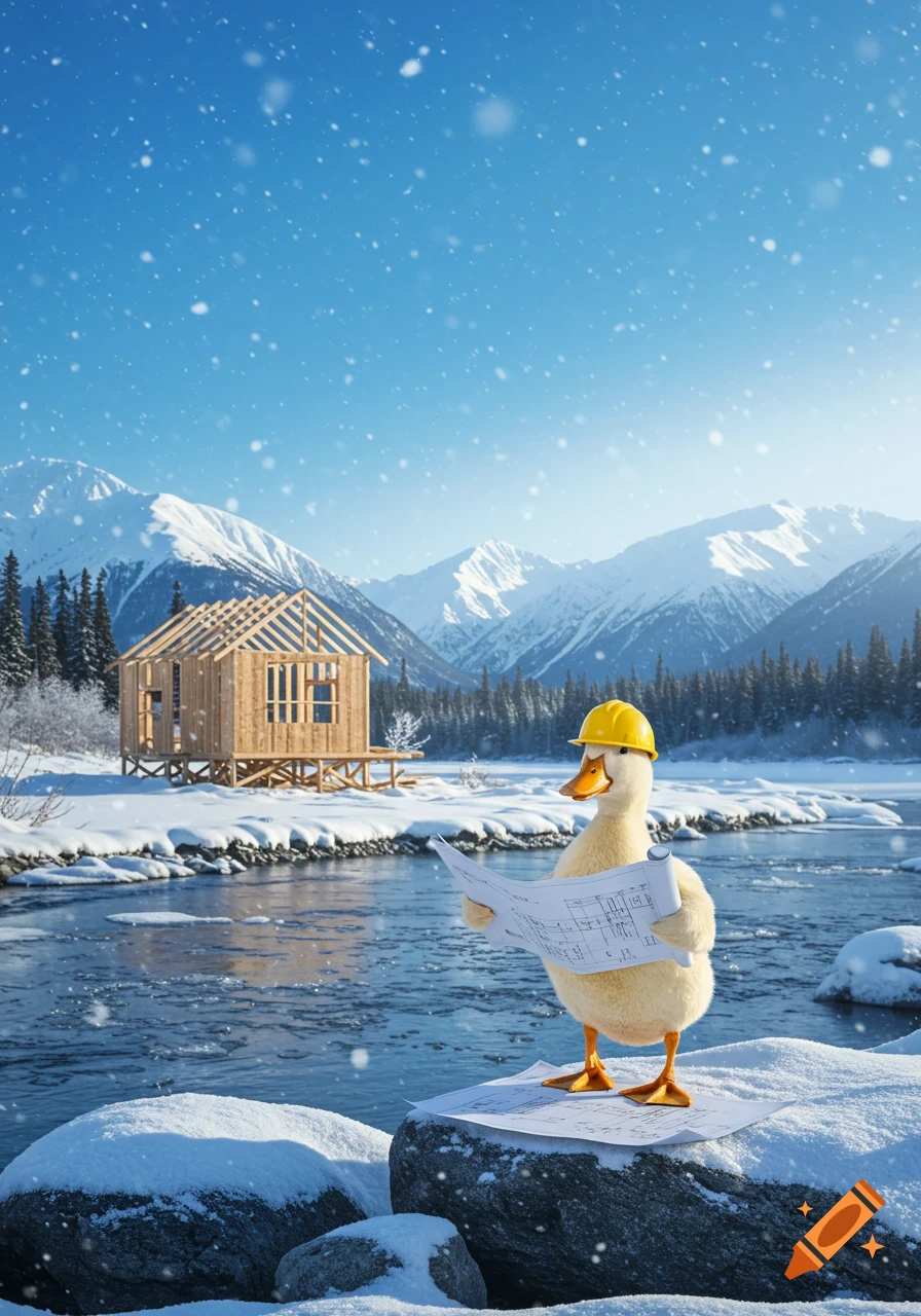 A cartoon duck in a yellow hard hat stands on blueprints by a snowy river, holding more blueprints, with a wooden hut and snowy mountains in the background.