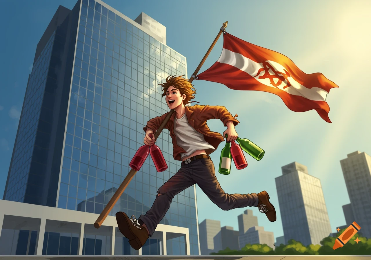 A stylized young man with brown hair and a jacket runs forward, holding a staff with a red and white flag and carrying several wine bottles in his hands, against a backdrop of corporate buildings under a blue sky.