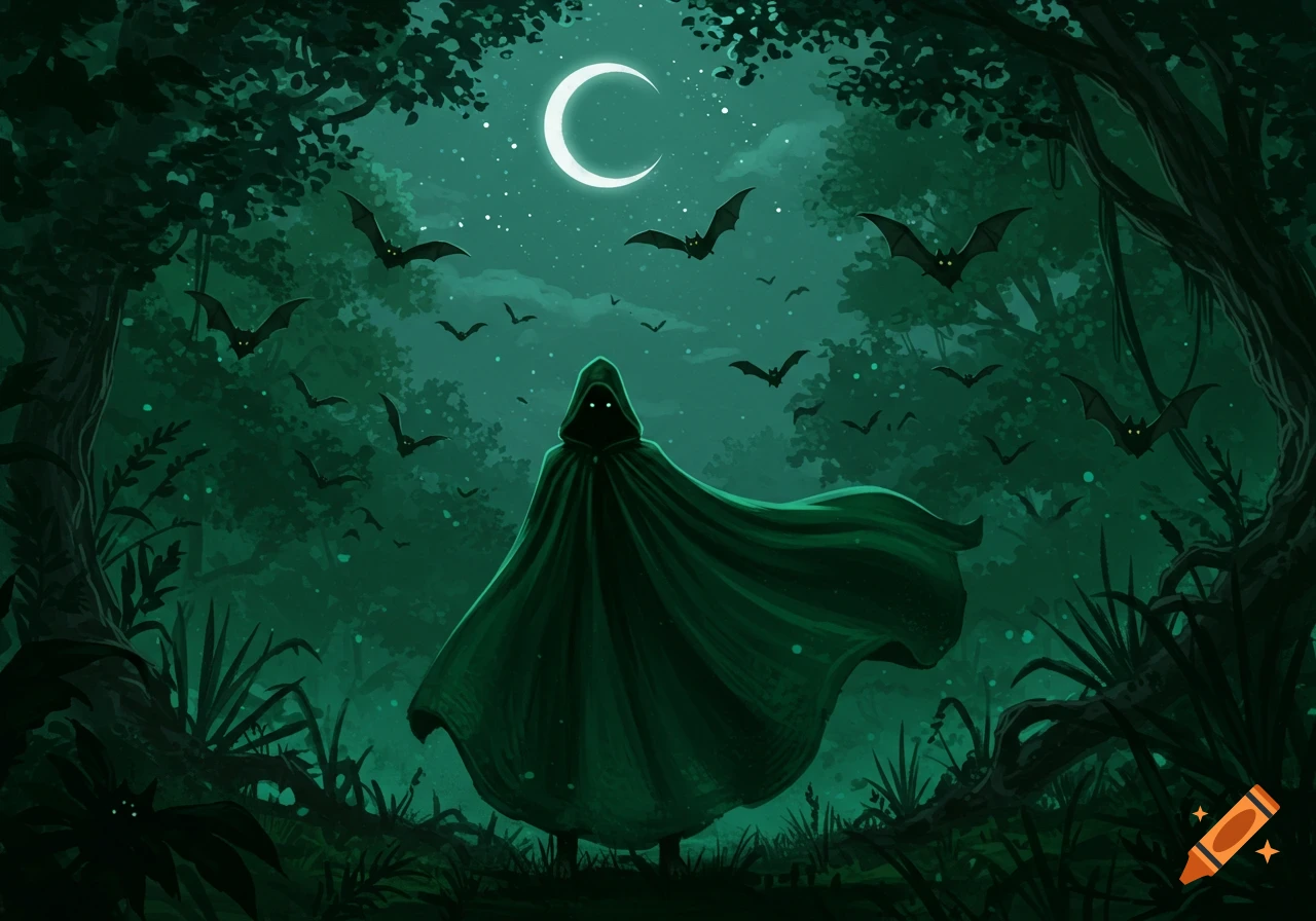 A dark fantasy illustration of a cloaked figure with glowing eyes standing in a teal-green forest at night under a crescent moon, with bats flying.