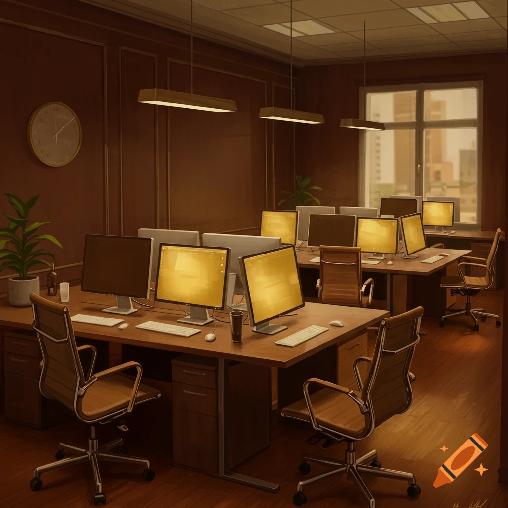 An empty, warm-toned office with multiple computers on wooden desks, brown walls, and a window overlooking a city.