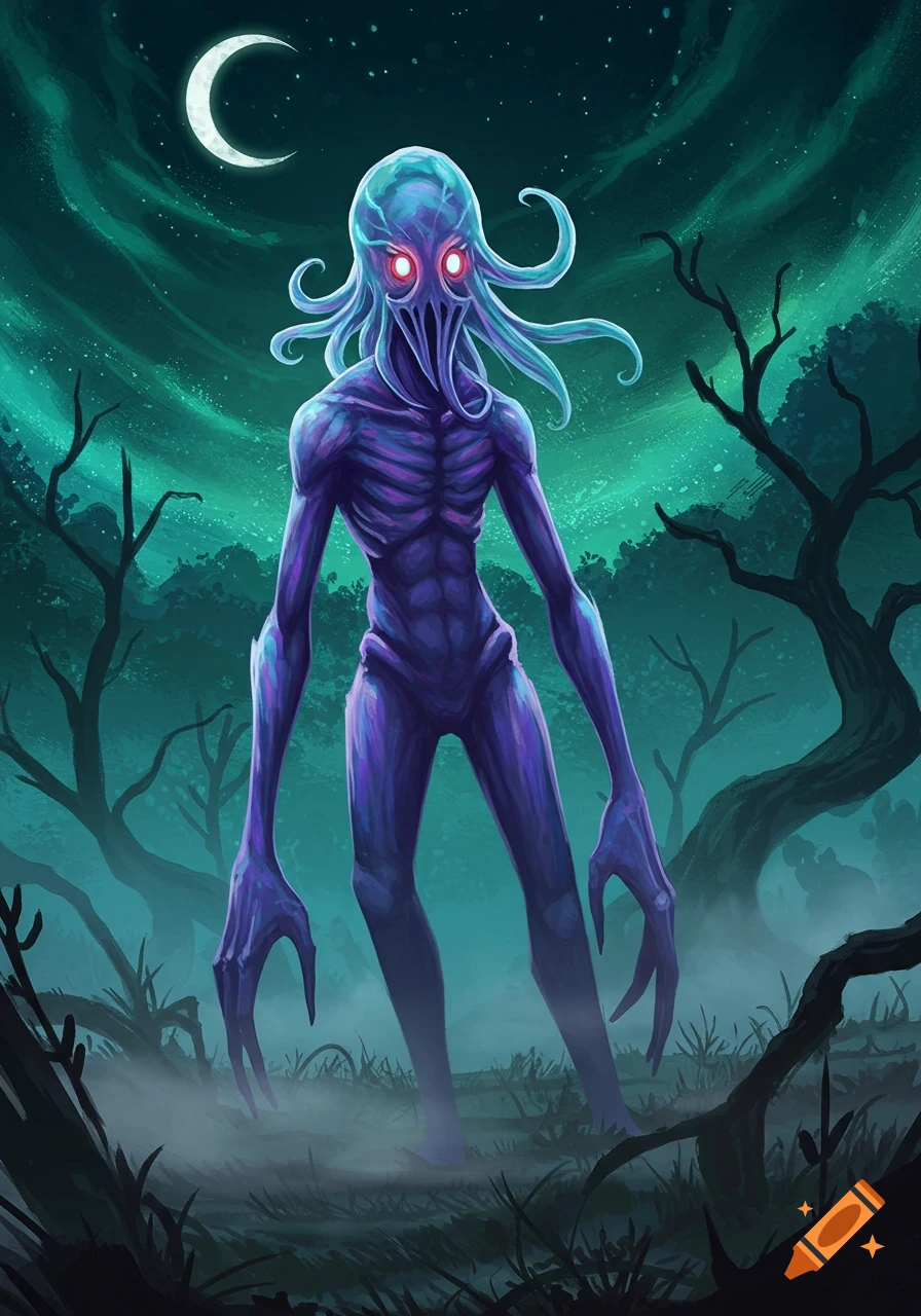 A purple, tentacled monster with glowing red eyes stands in a misty, dark forest under a crescent moon. Digital art.