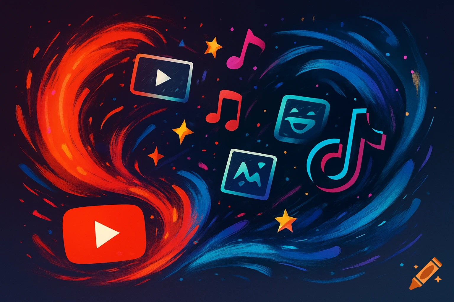 Vibrant digital art featuring social media and music icons like YouTube, TikTok, play buttons, and music notes, amidst swirling red and blue brushstrokes on a dark background.