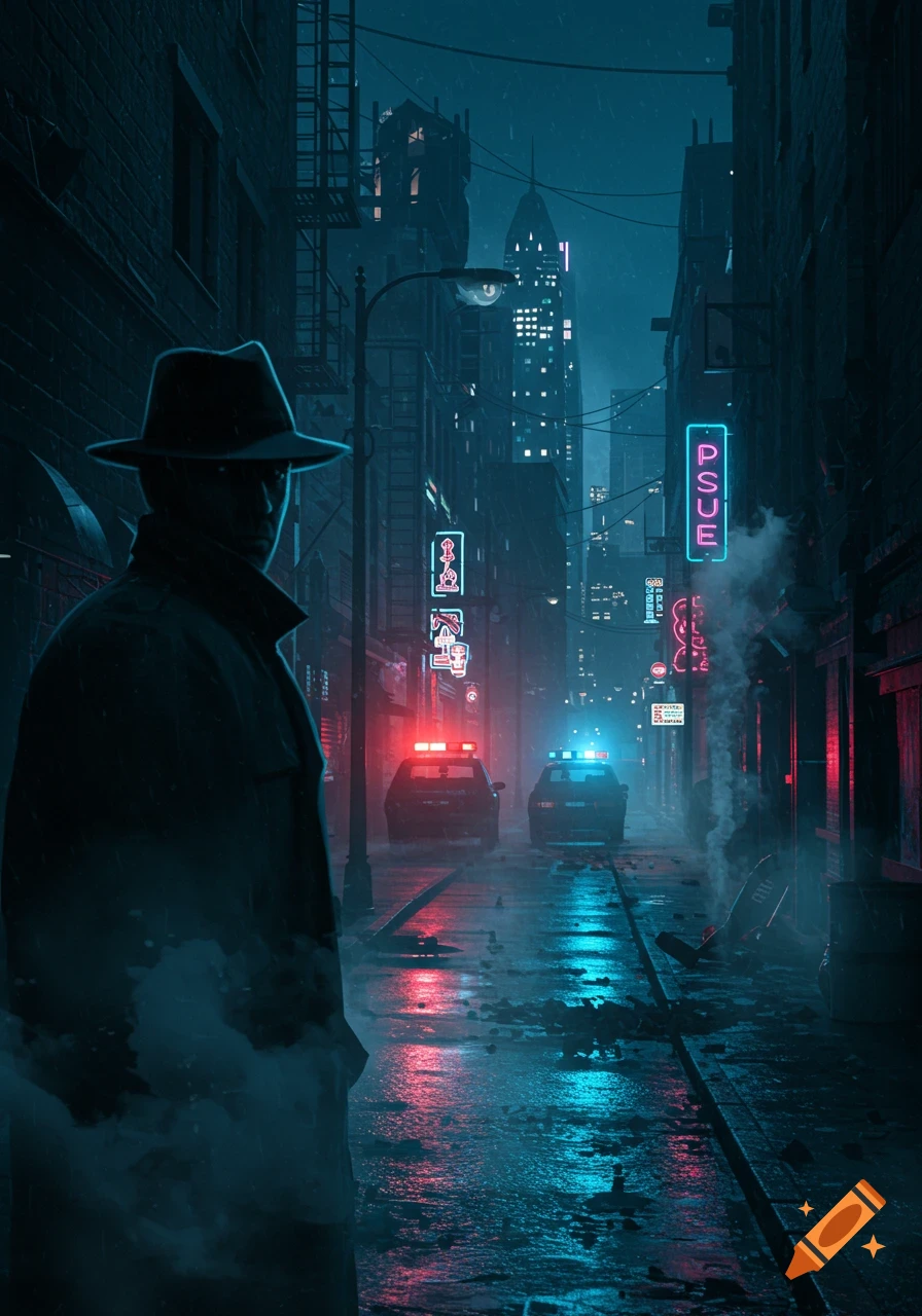 A shadowy detective in a fedora stands in a dark, rainy alley, overlooking police cars and neon signs in a futuristic city.