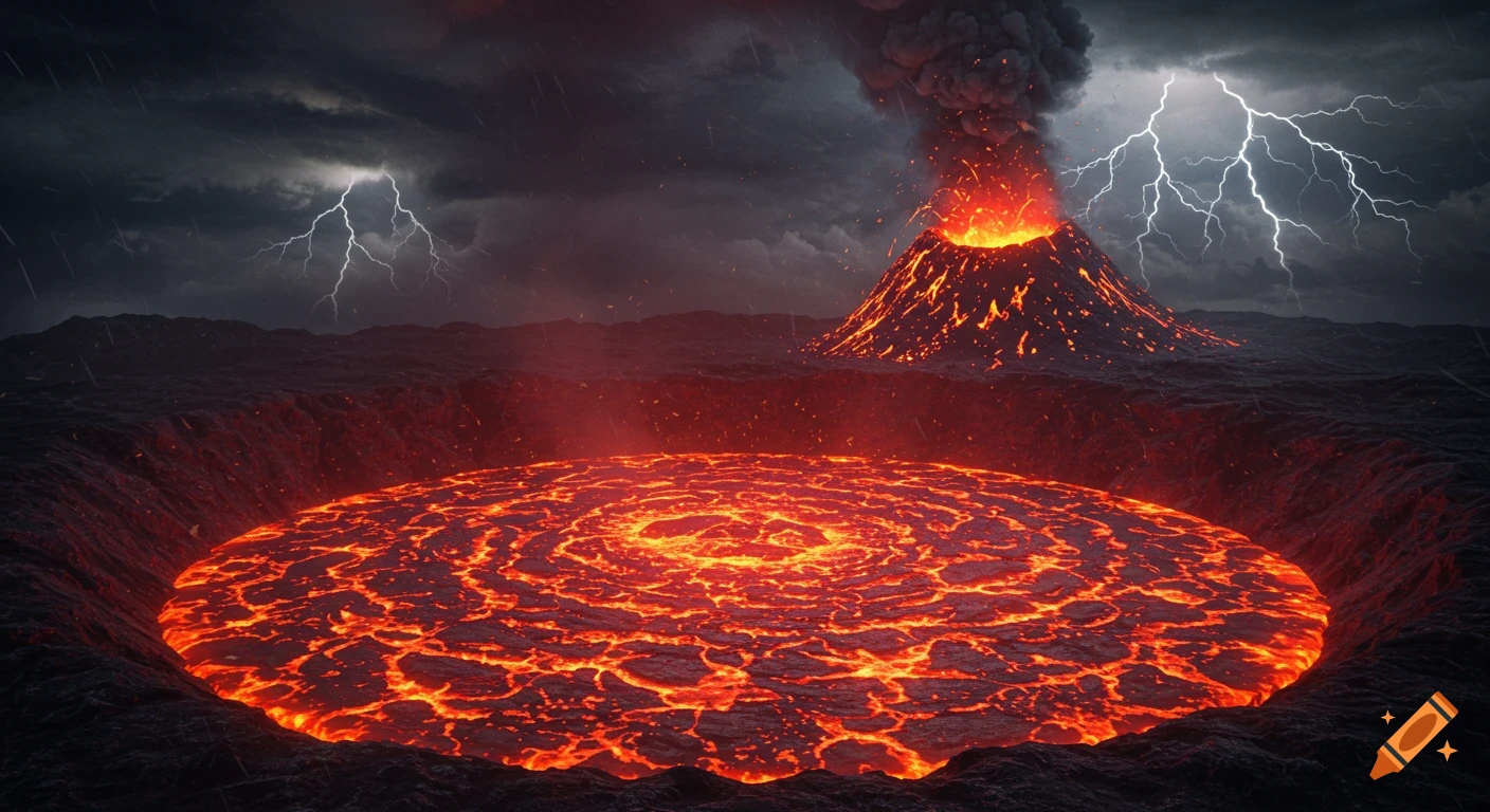 A dramatic scene of an active volcano erupting and a large crater filled with glowing red lava under a dark, stormy sky with lightning.