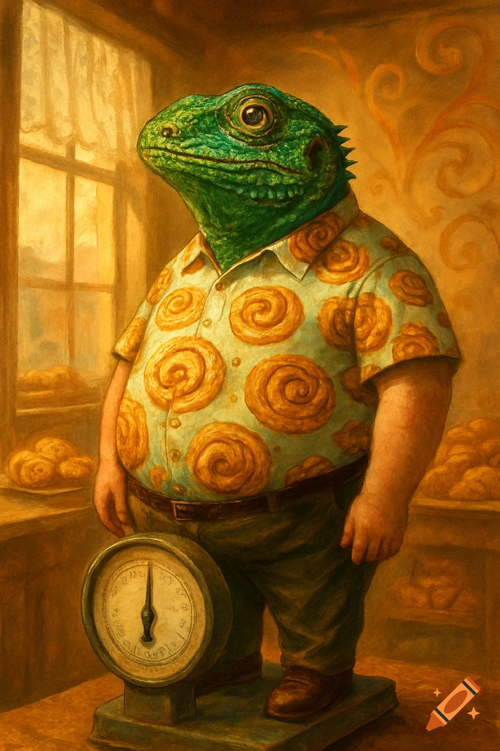 A fat lizard man in a shirt patterned with pastries stands on a scale in a warm-toned, painterly bakery.