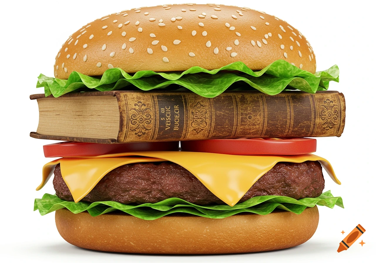 A photorealistic hamburger with a sesame seed bun, lettuce, tomato, cheese, and a thick, old brown book replacing the meat patty on a white background.