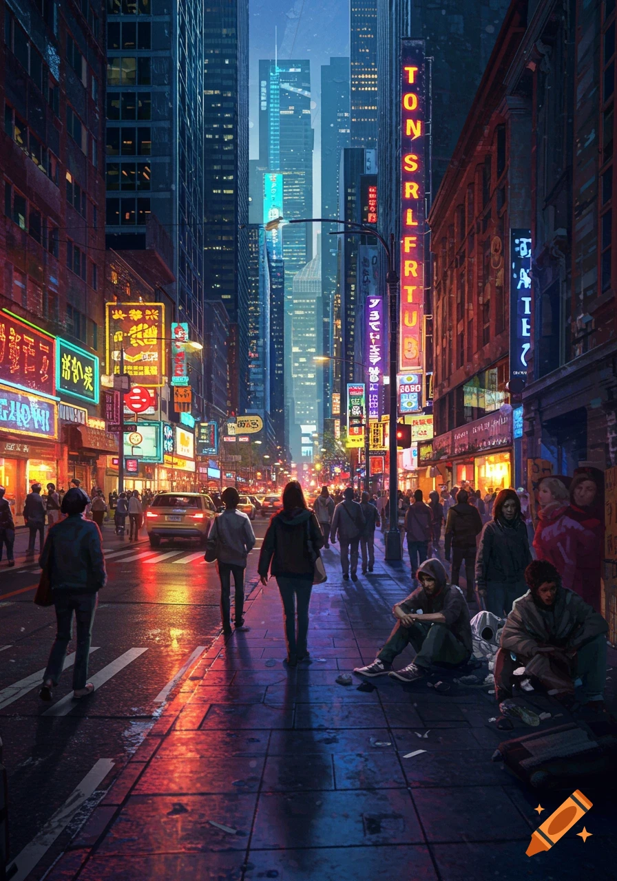 A bustling city street at night, illuminated by colorful neon signs on tall buildings, with people walking on wet pavement and homeless individuals on the sidewalk.