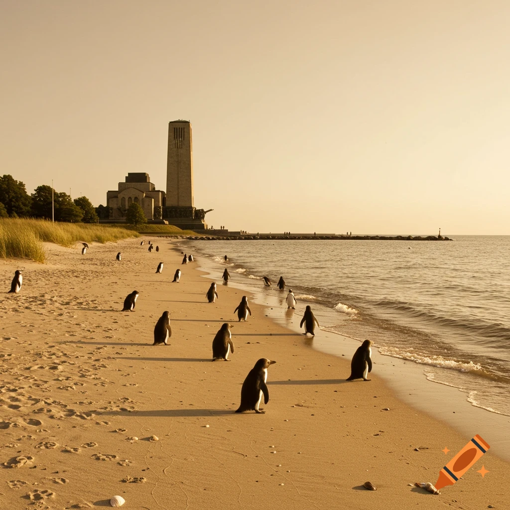 A sepia-toned photograph of penguins walking on a sandy beach next to the sea, with the Kiel naval memorial in the background.