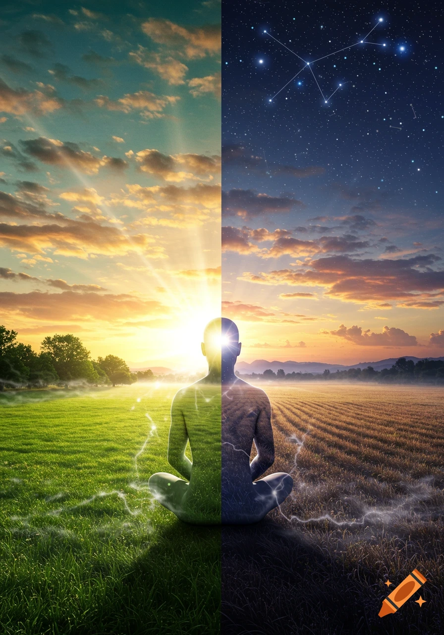 A meditating figure, split down the middle, sits in a landscape divided into sunny day with green grass and starry night with a barren field and constellation.