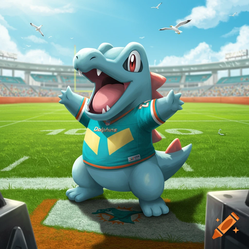 A cartoon light-blue Totodile wearing a Miami Dolphins jersey stands on a football field in a stadium under a blue sky.
