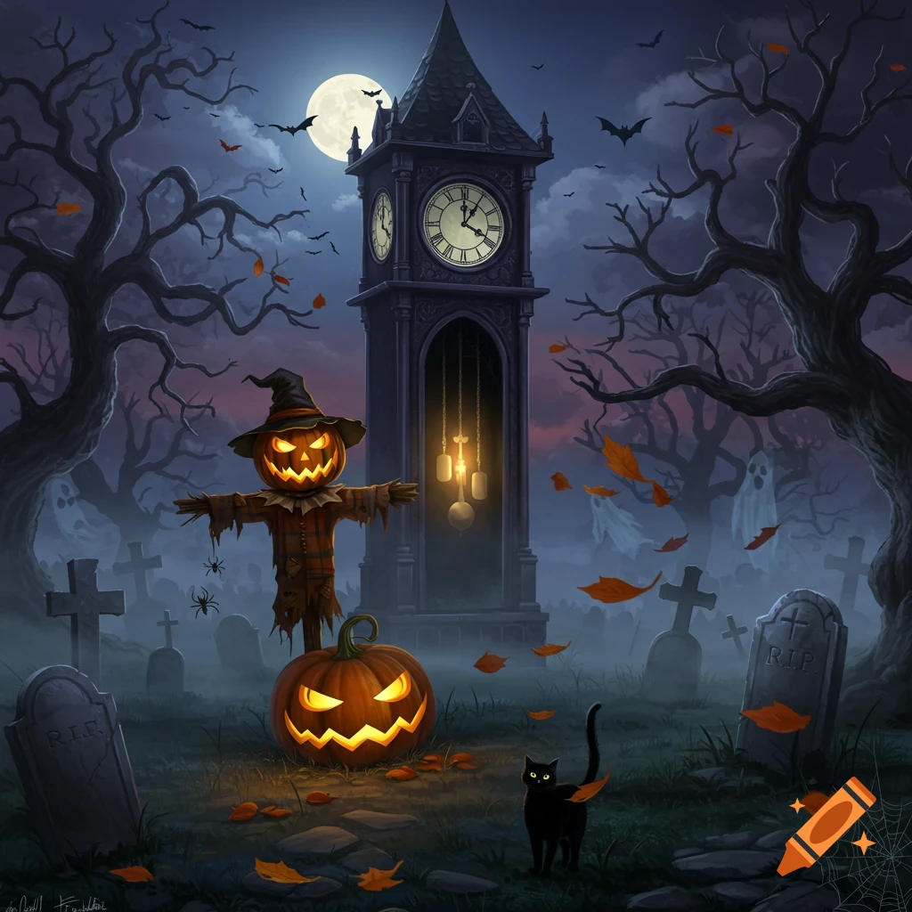 A spooky Halloween graveyard scene with a glowing jack-o'-lantern scarecrow, clock tower, black cat, and ghosts under a full moon.