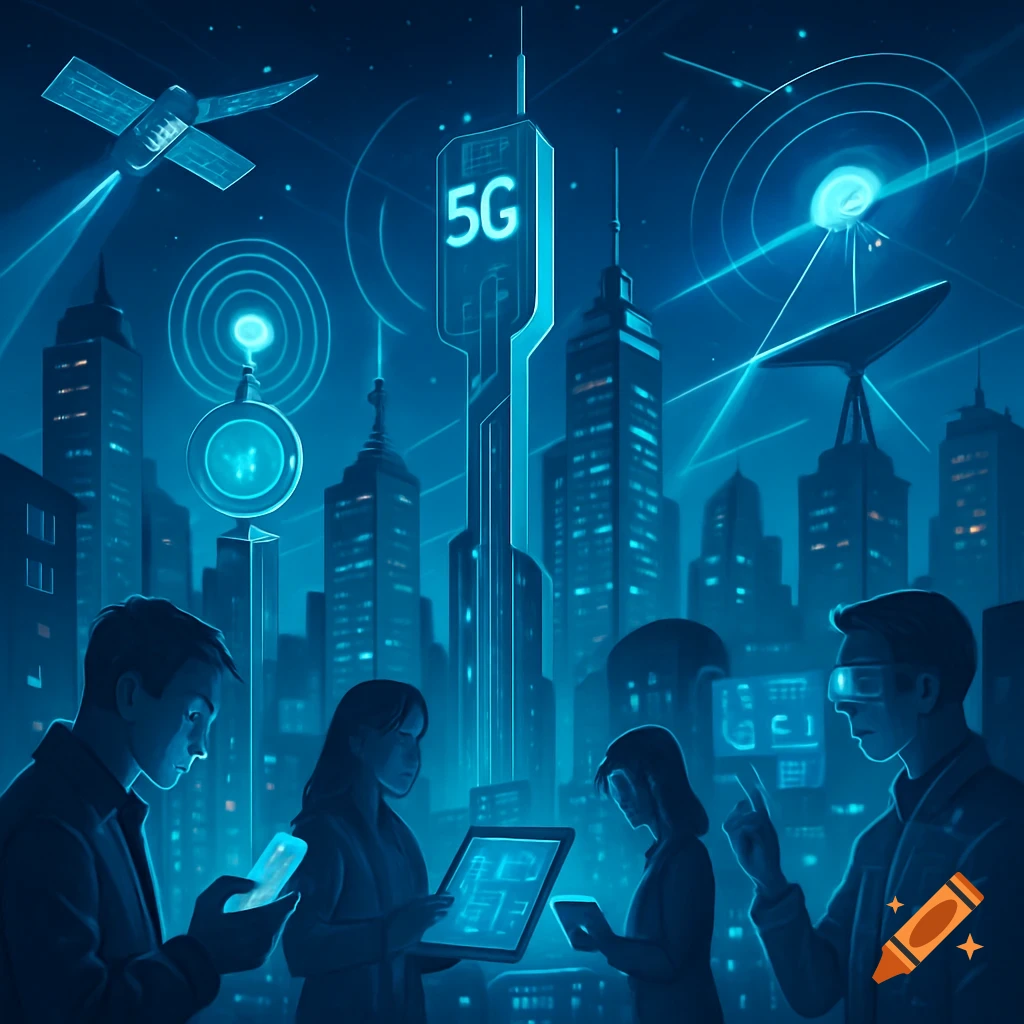 Futuristic blue cityscape at night with a glowing 5G tower, satellites, and people interacting with holographic smart devices.