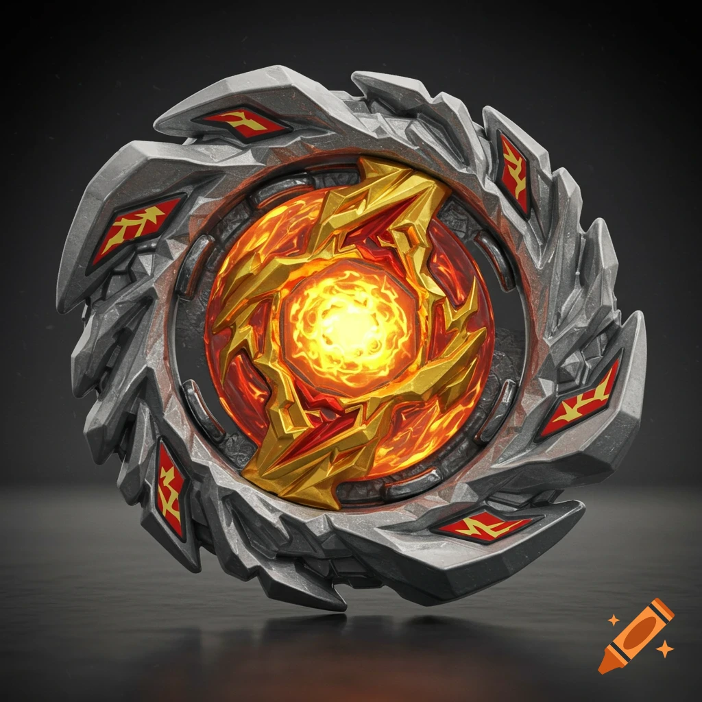 A detailed Beyblade with jagged gray and silver outer edges, transitioning to a glowing, fiery golden and red core.