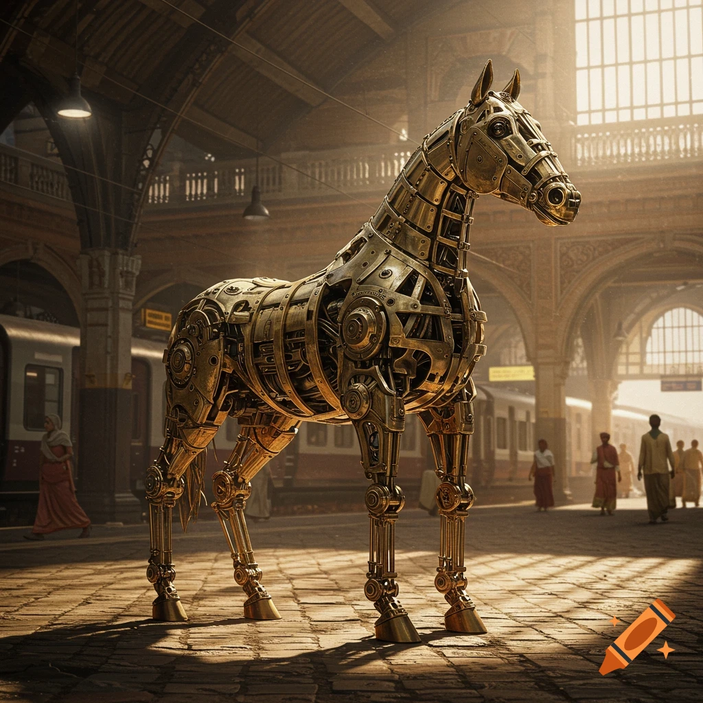 A detailed golden mechanical horse stands in a sunlit, grand Indian railway station with trains and people in the background.