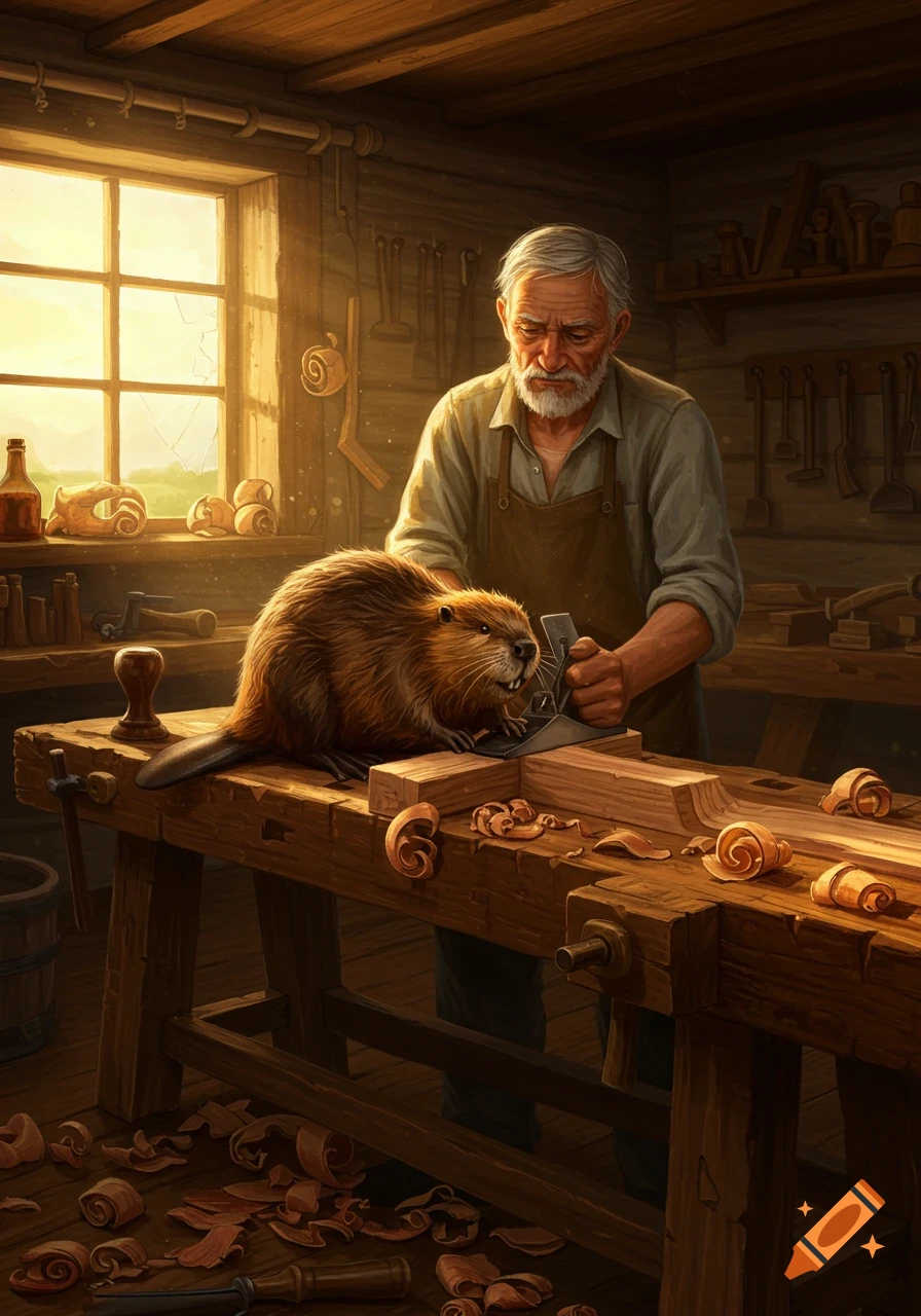 An old man and a beaver collaborate on planing wood in a sunlit, rustic woodworking shop, surrounded by tools and wood shavings. Digital painting.