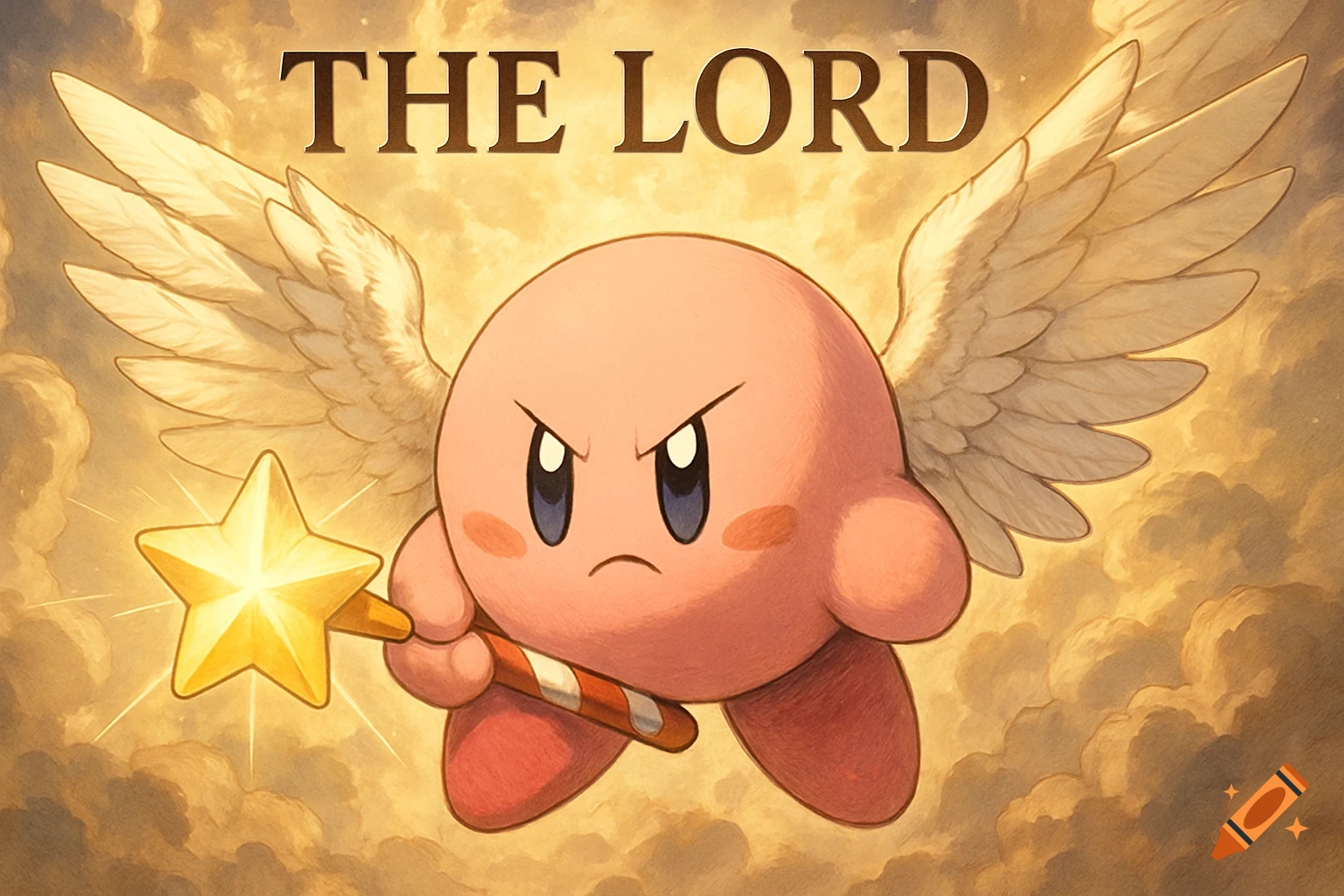 An anime-style image of an angry Kirby with glowing wings and a star rod, with the title 'THE LORD' above him, set against a golden cloudy sky.