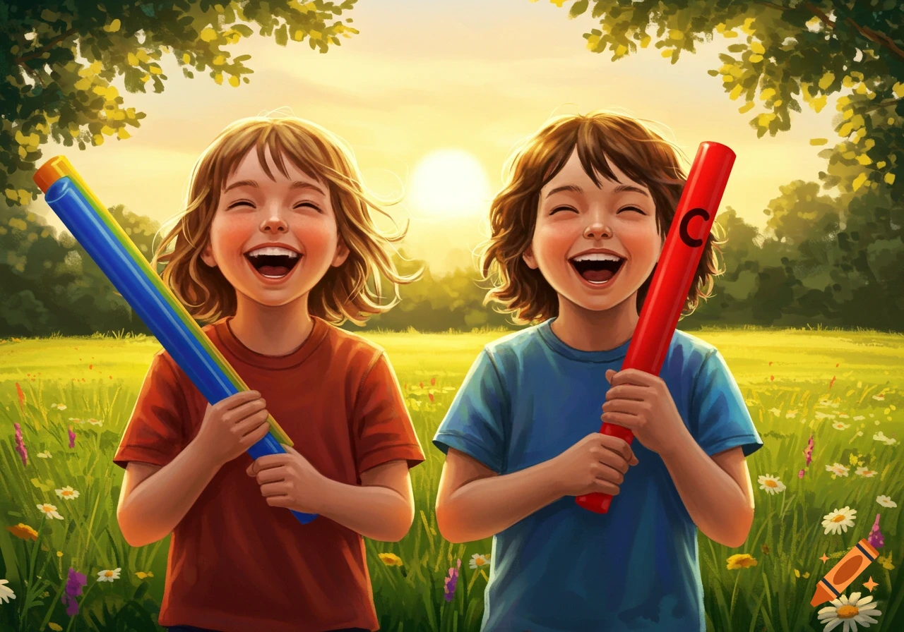 Two smiling children hold colorful Boomwhacker tubes in a sunny, green field with trees and a sunset in the background, illustrated.