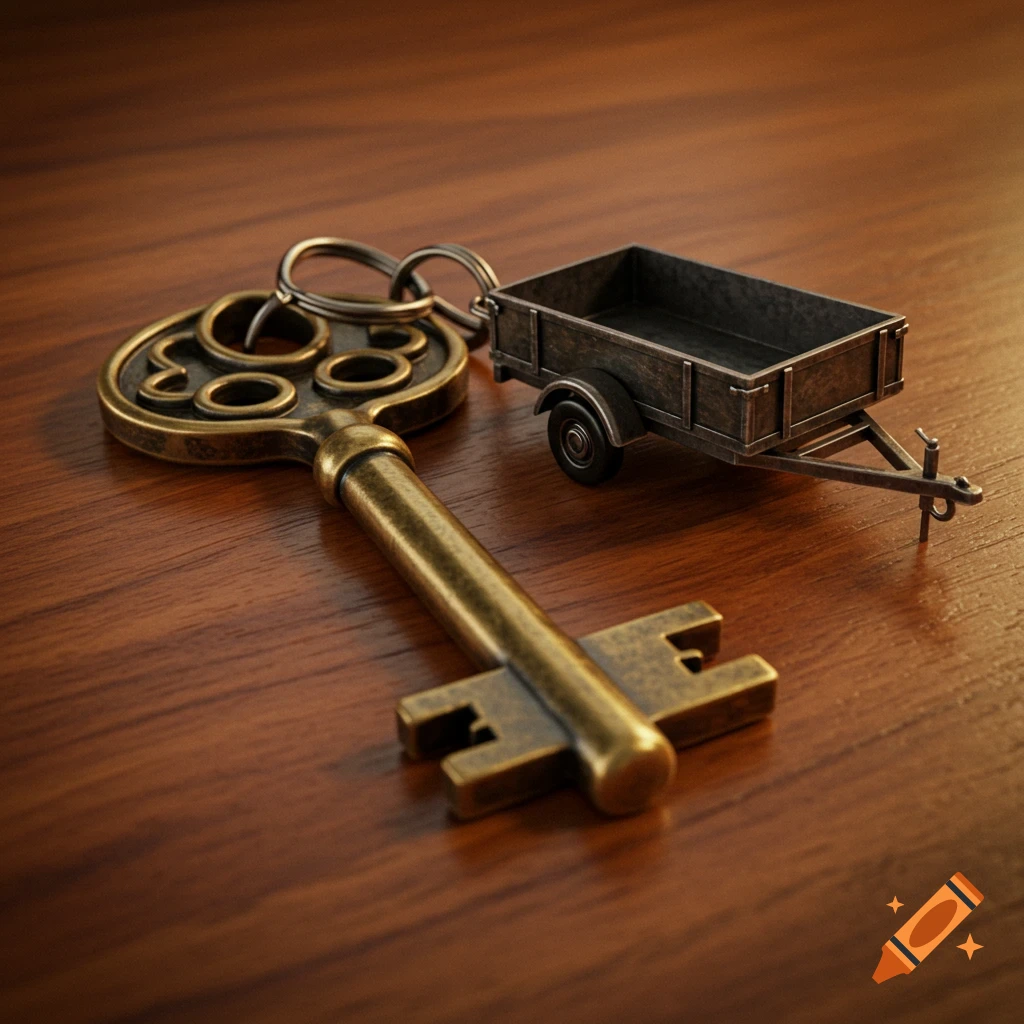 A brass antique-style key and a miniature utility trailer attached to a keychain rest on a wooden table. Photorealistic.