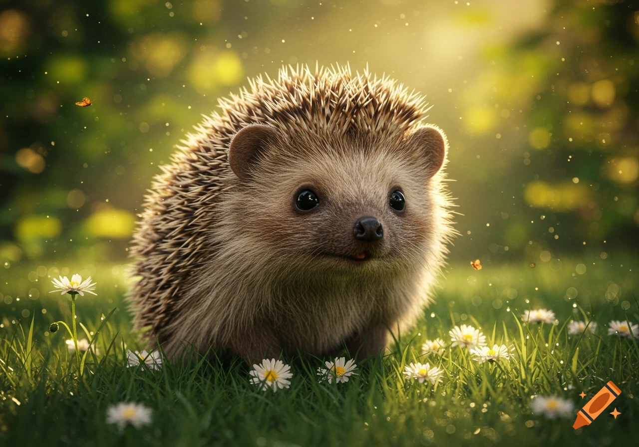 A cute hedgehog with soft spikes sits in green grass among white daisies, bathed in warm, dappled sunlight.