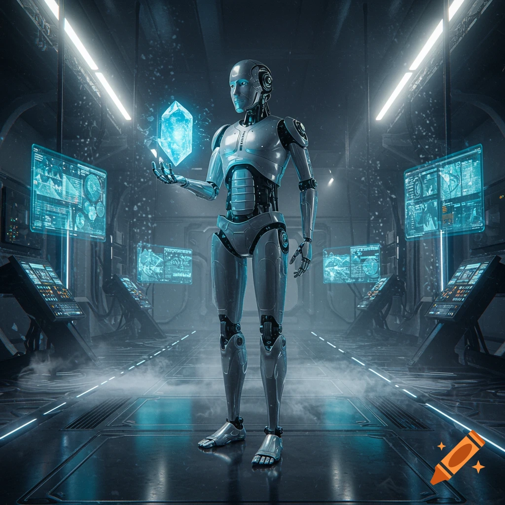A silver futuristic robot stands in a dark, glowing blue sci-fi lab, holding a luminous blue crystal in its hand. Screens with garbled text glow in the background.