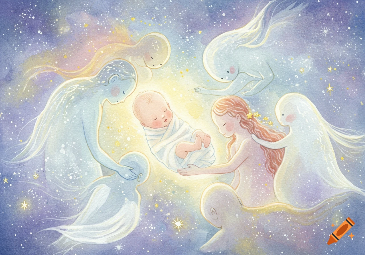 Watercolor illustration of a swaddled baby cradled by an ethereal figure, surrounded by other glowing spirits in a starry cosmic background.