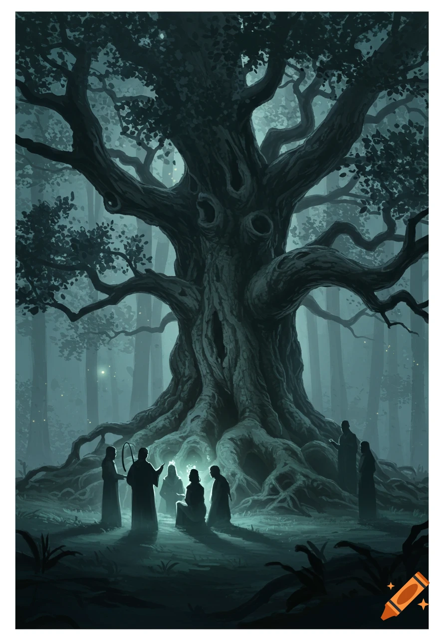 Mysterious digital painting of cloaked figures gathered around a massive, ancient tree in a misty, dark forest.