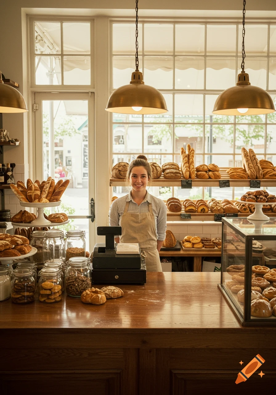 A smiling female cashier stands behind a wooden counter filled with fresh bread, pastries, and jars in a brightly lit bakery. Photorealistic.