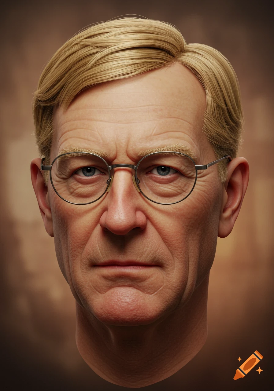 A photorealistic close-up portrait of an older man with blonde hair, a left parting, and round spectacles.
