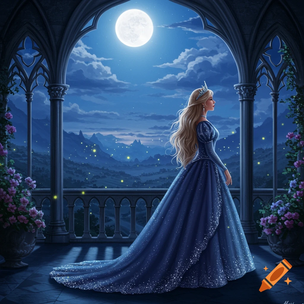 A princess in a sparkling blue gown and tiara stands on a moonlit balcony overlooking a fantastical mountain landscape.