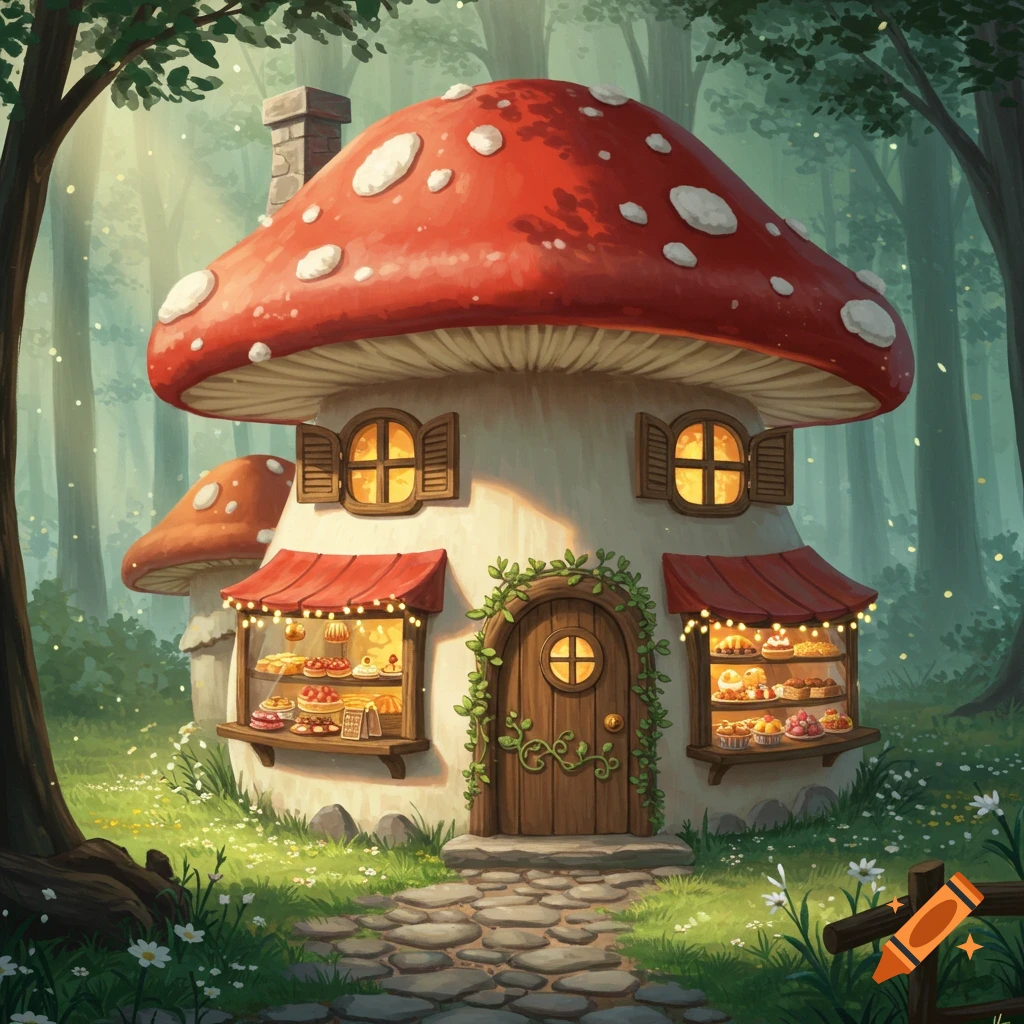 A whimsical mushroom-shaped bakery with a red and white cap, glowing windows displaying pastries, nestled in a lush, magical forest.