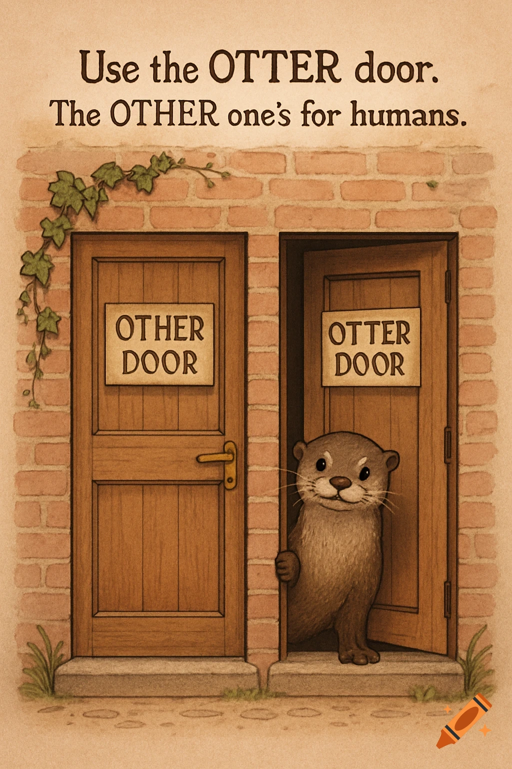 A whimsical illustration of a cute otter peeking from a door. Signs read 'OTTER DOOR' and 'OTHER DOOR'. Text: 'Use the OTTER door. The OTHER one’s for humans.'