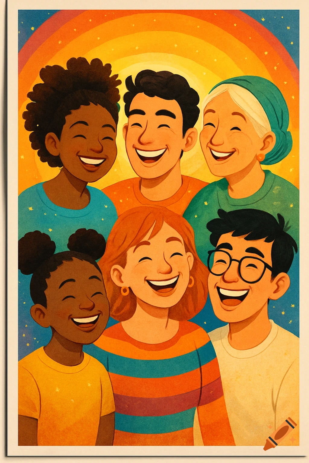 A vibrant illustration of a diverse group of six smiling people, three adults and three children, against a bright rainbow background.