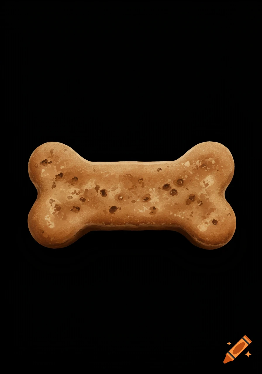 A golden-brown, textured, bone-shaped dog biscuit sits against a stark black background.