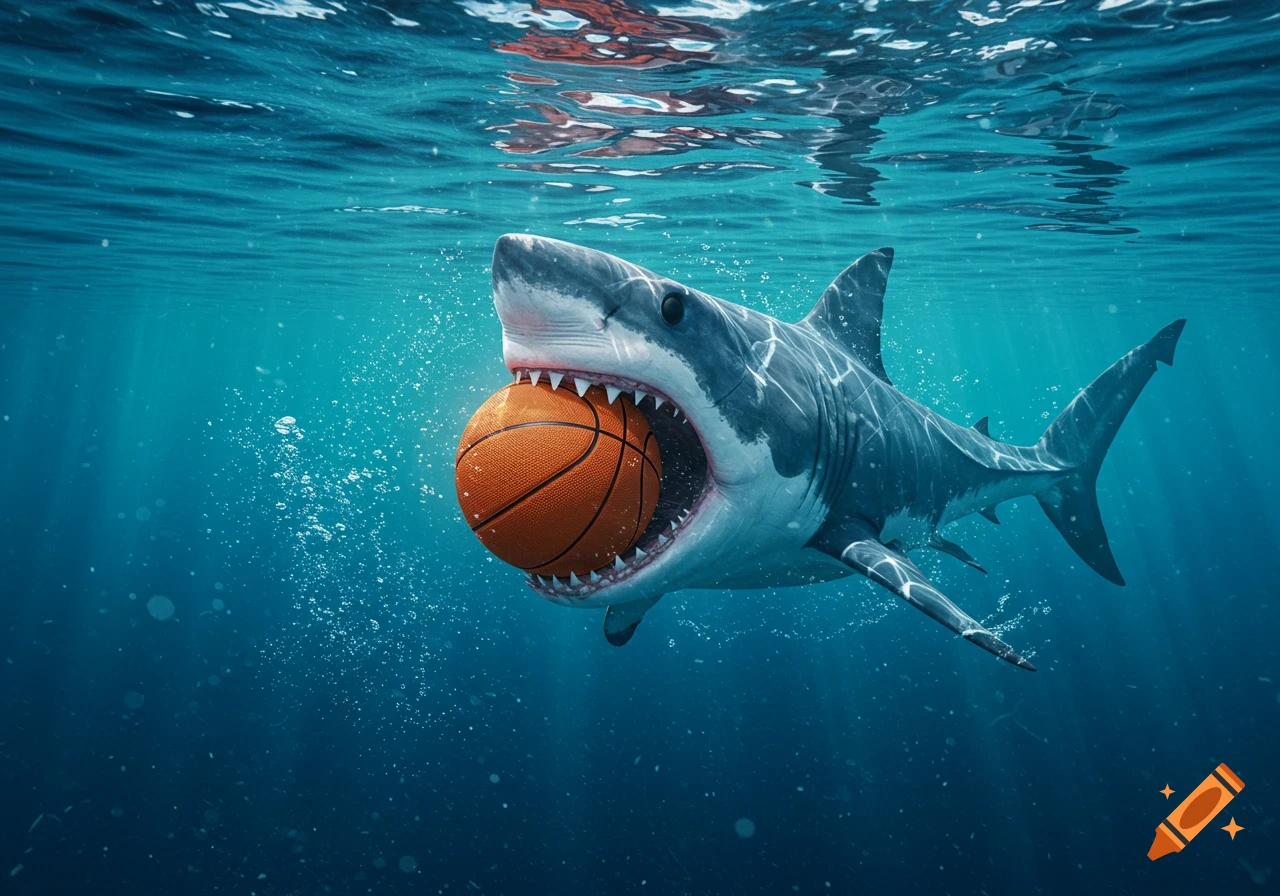 A great white shark swims underwater, holding an orange basketball in its wide-open mouth, surrounded by bubbles.
