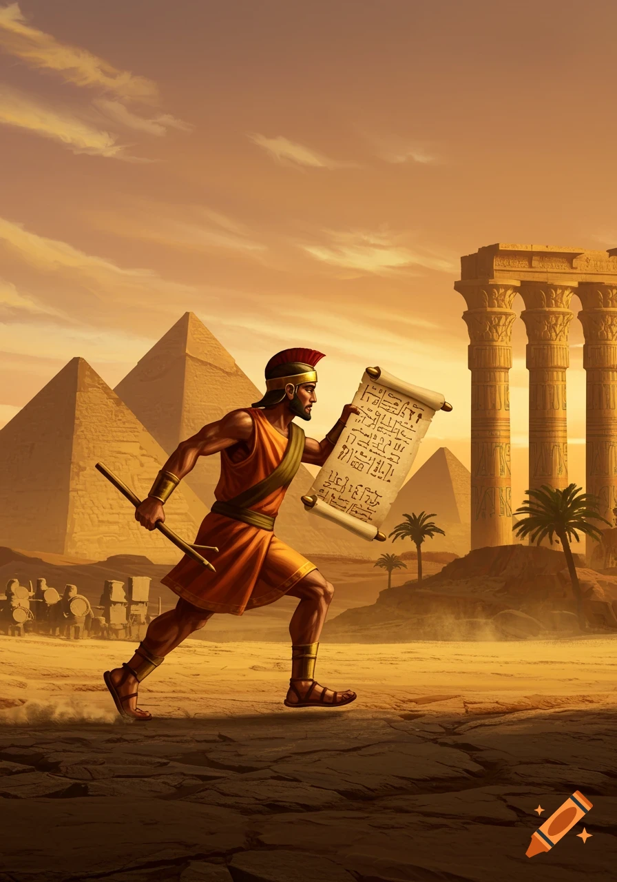 A muscular ancient Egyptian messenger with a red helmet runs across a desert carrying a scroll, with pyramids and ruins in the background. Digital art.