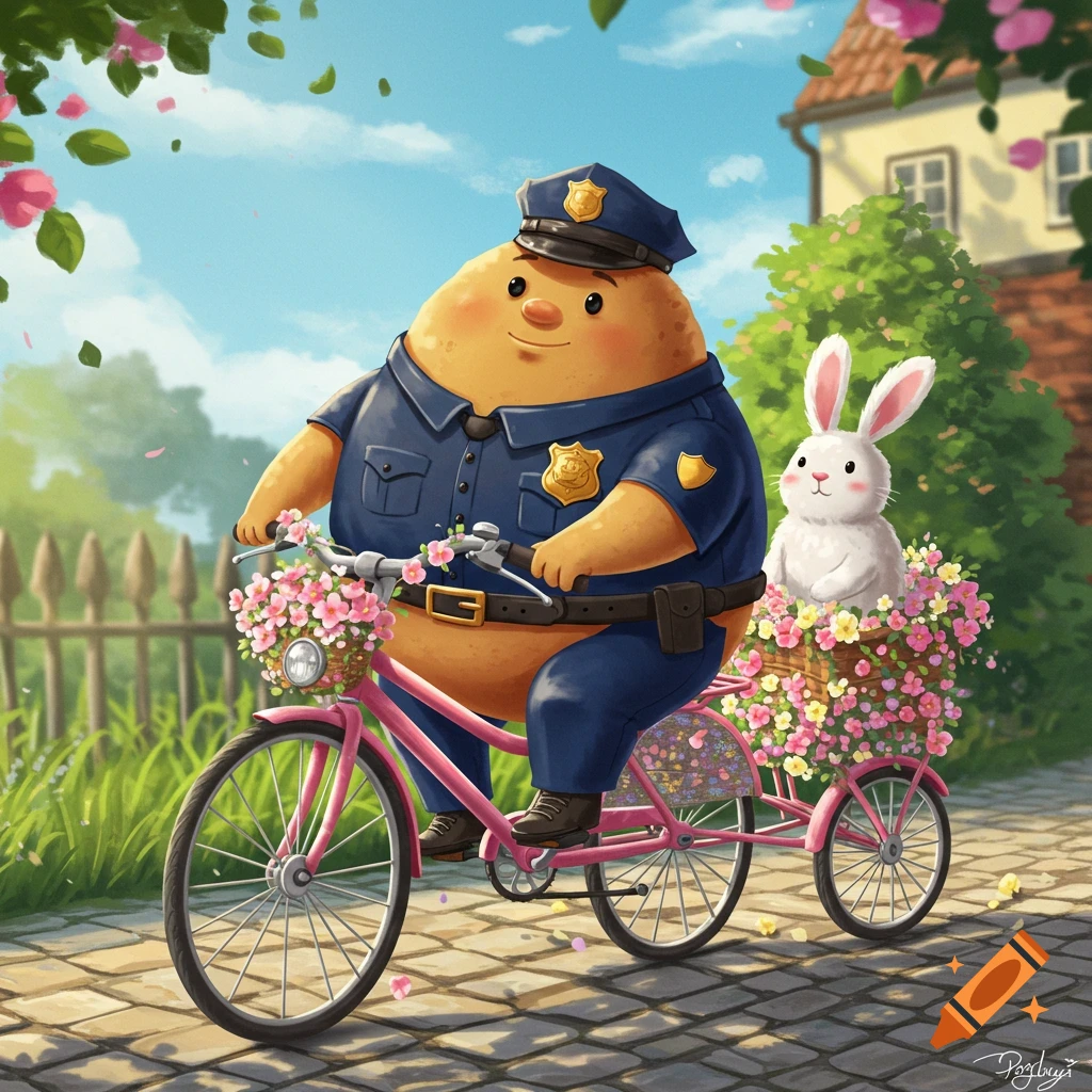 A jovial potato policeman rides a pink bicycle adorned with flowers and a white bunny in the back, on a sunny day.