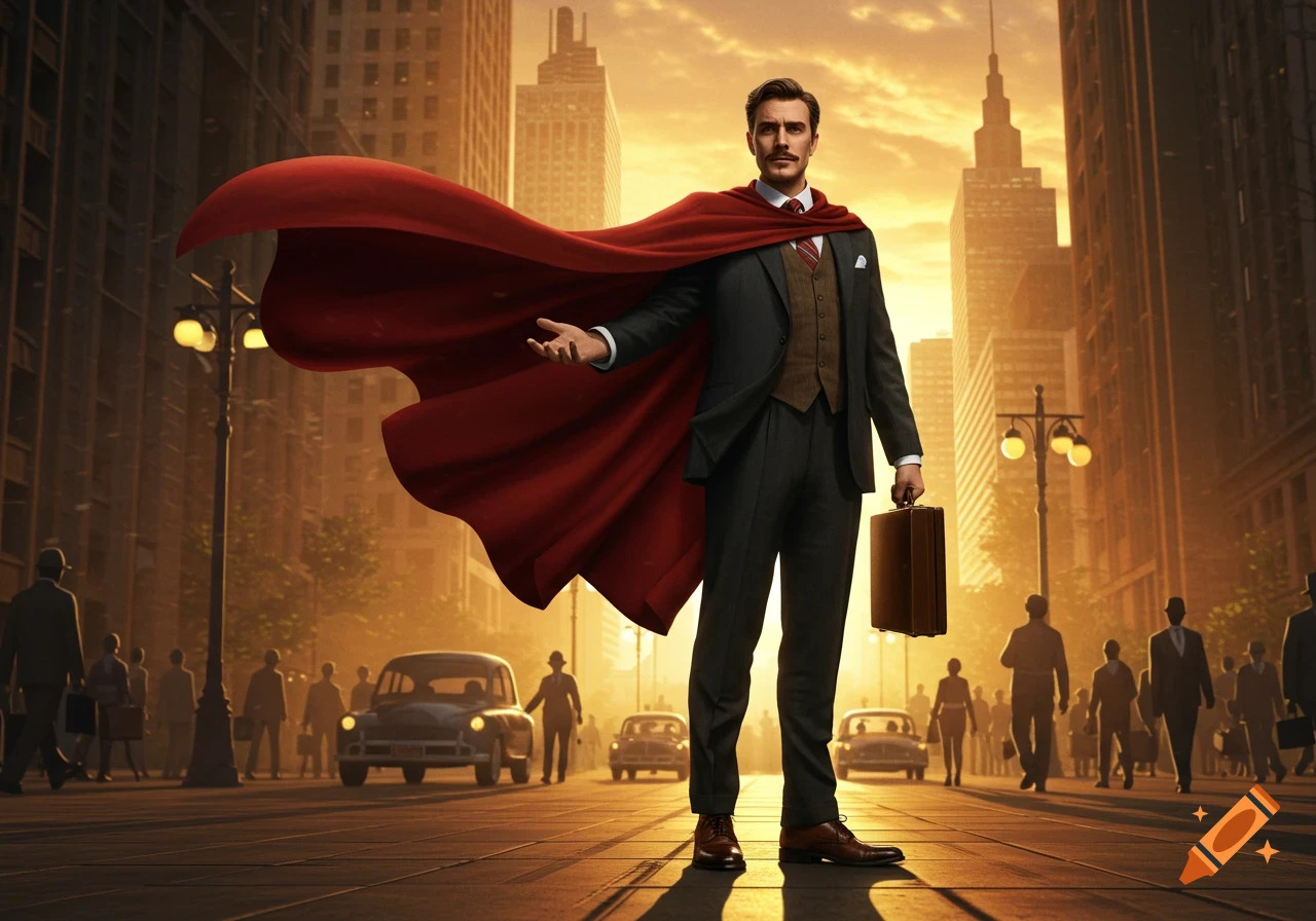 Photorealistic image of a dapper man in a suit with a flowing red cape and briefcase standing confidently on a city street at sunset.
