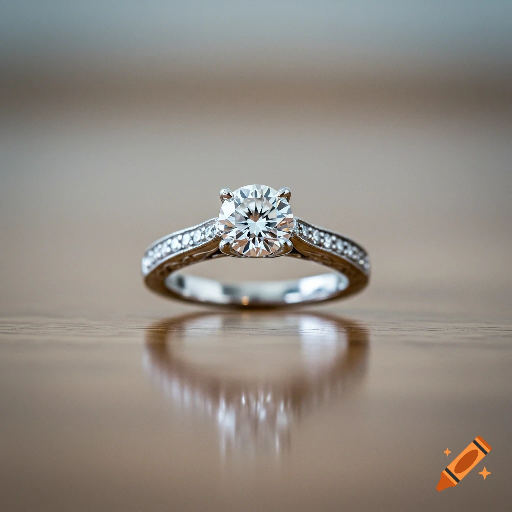 A close-up shot of a sparkling diamond engagement ring with a pavé band, resting on a reflective wooden surface.