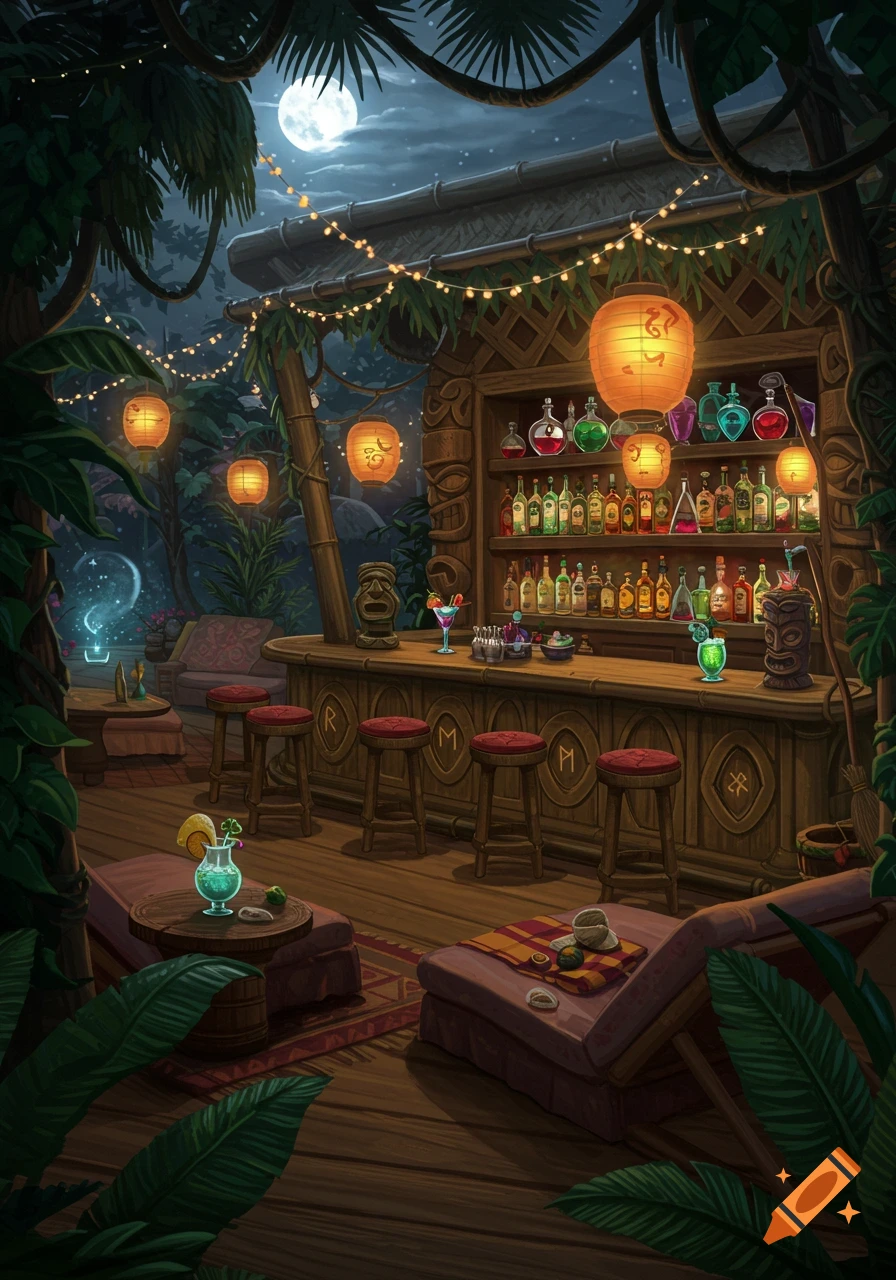 A vibrant, moonlit tiki bar surrounded by lush jungle foliage, with drinks on the counter and stools, and string lights overhead.
