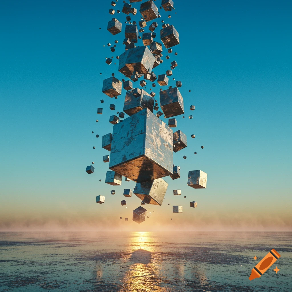 Photorealistic image of many metallic cubes raining down into a shimmering body of water at sunset.