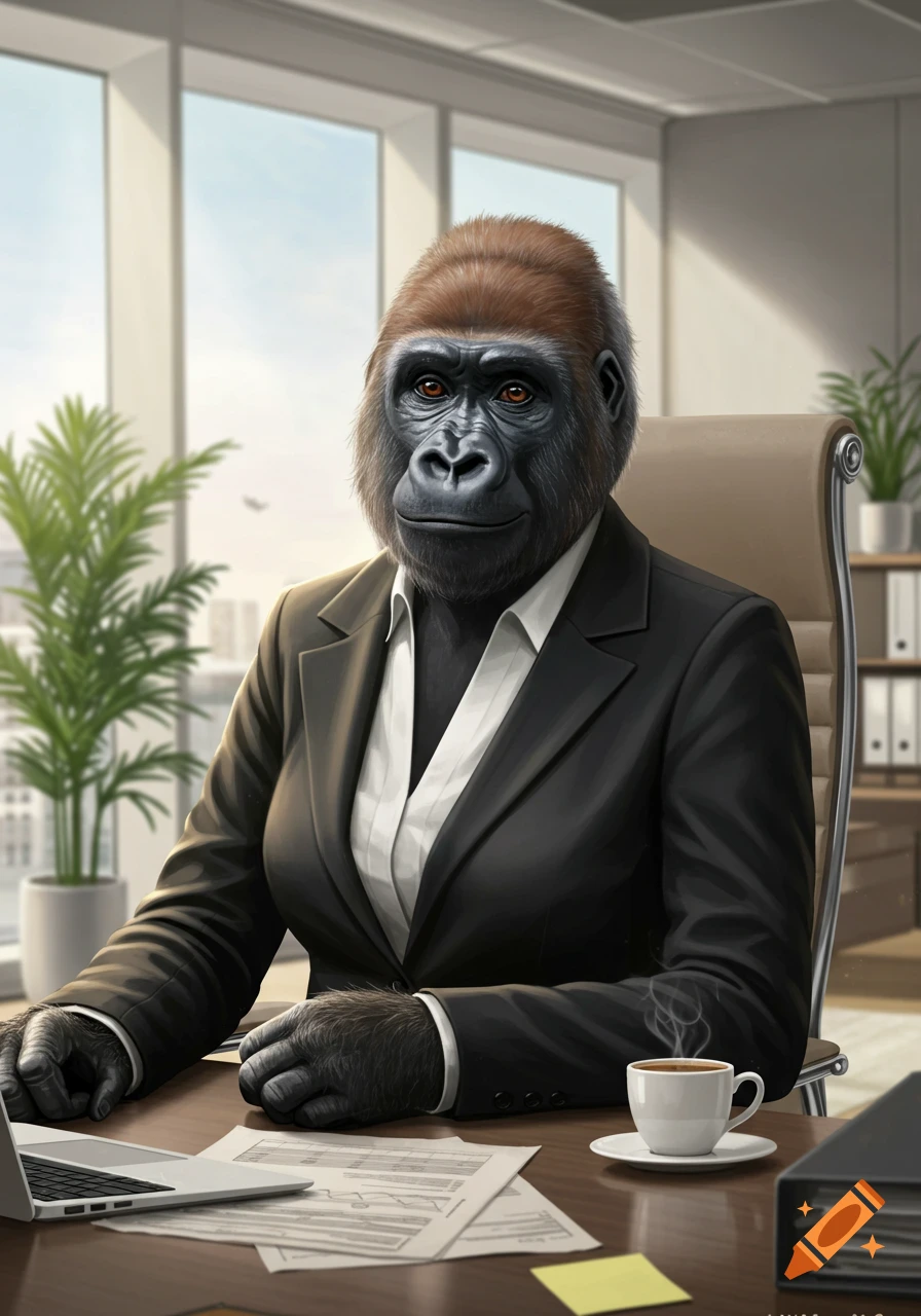 A photorealistic gorilla in a black business suit and white shirt sits at a modern office desk with a laptop and coffee cup.