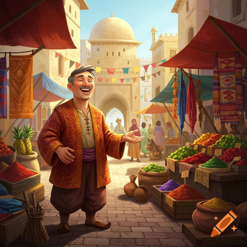 A happy merchant in a stylized, bustling Middle Eastern marketplace with colorful spices, textiles, and arched buildings under a blue sky.